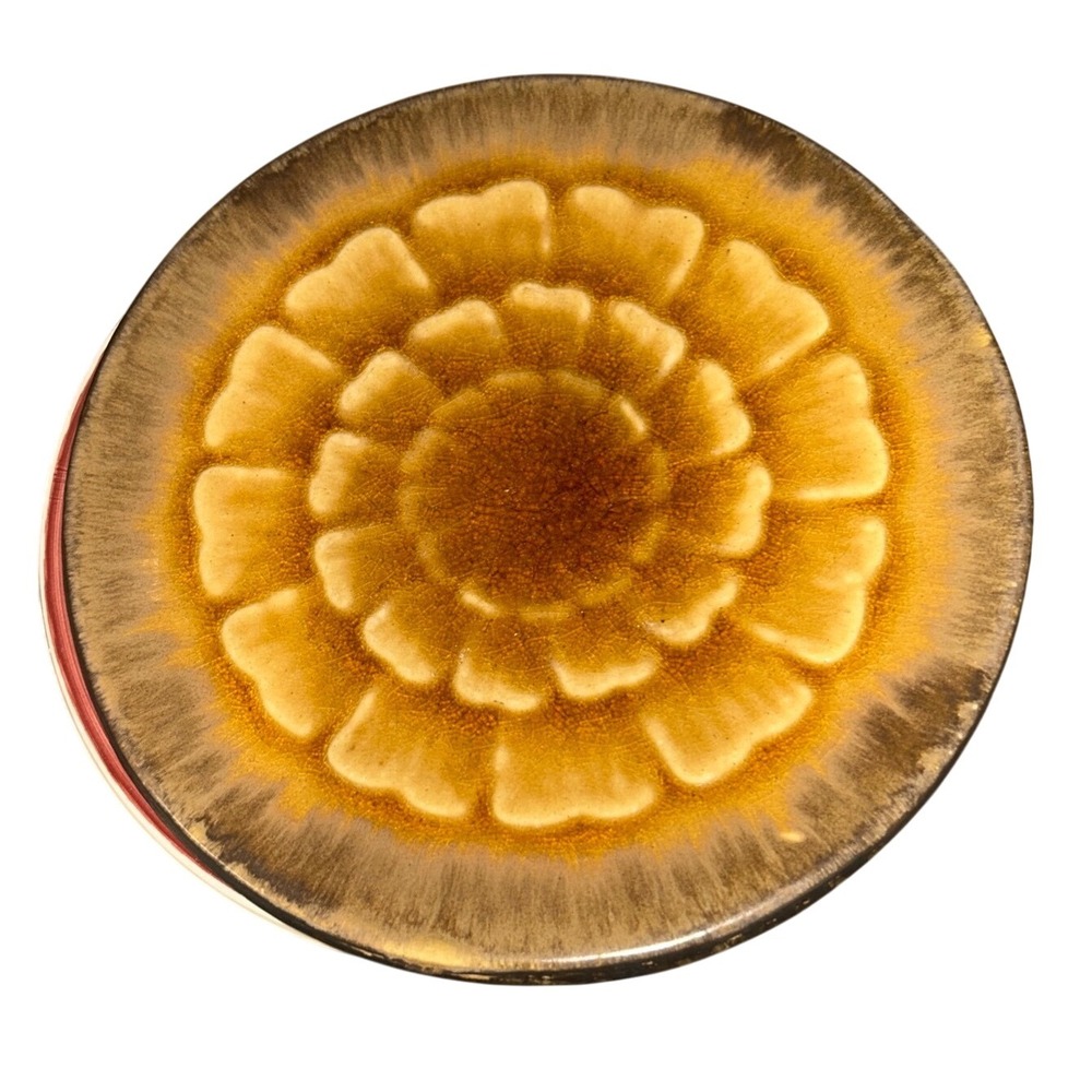 Pier 1‎ Akita Earthenware Plates Set of 4 Brown Gold Floral Design Lotuas Flower